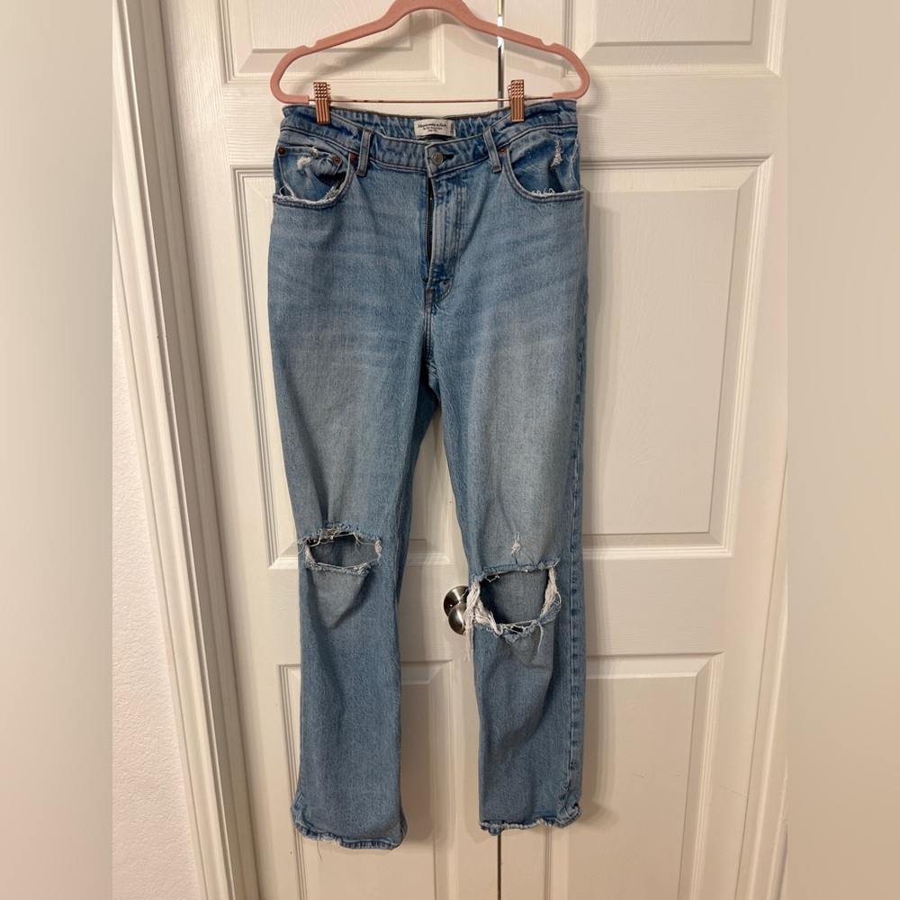 Abercrombie & Fitch Light Blue Distressed Straight Leg Jeans - Curve Love